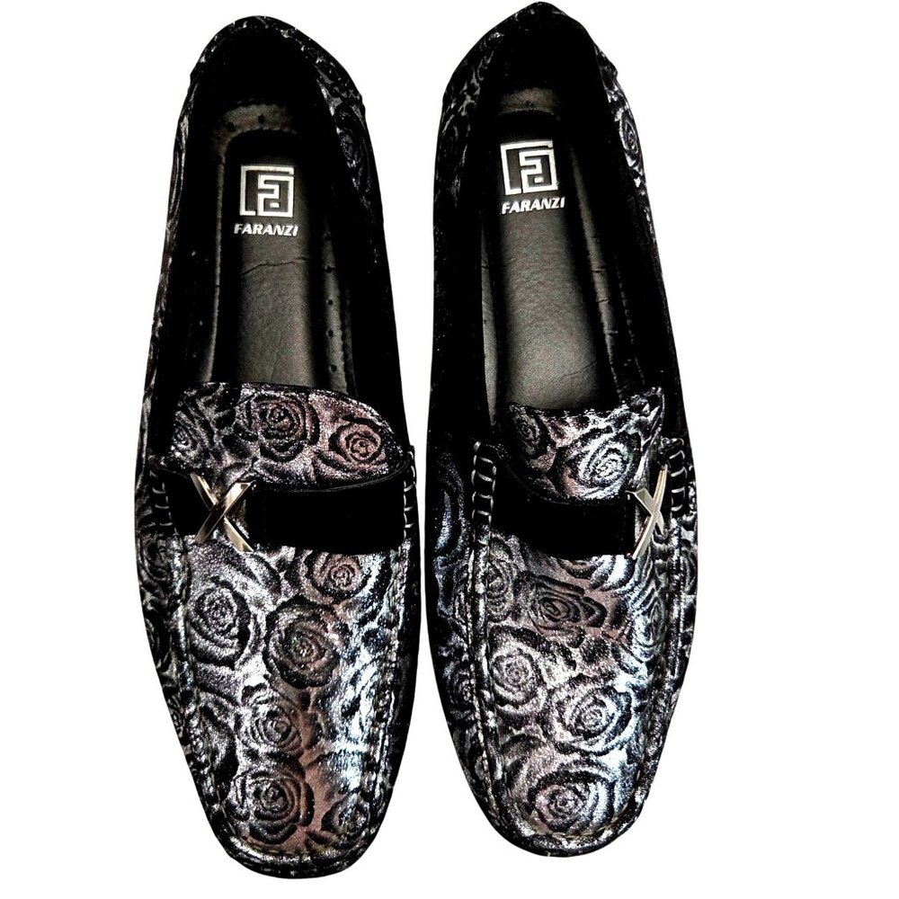 Faranzi Milford Black & Silver Floral Rose Dress Loafers Men's Size 12M